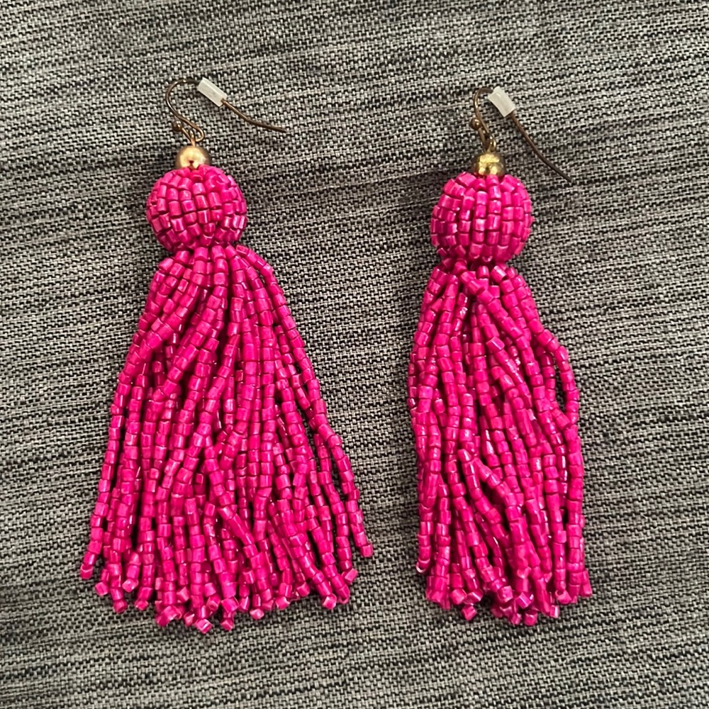 Hot pink beaded fringe tassel earrings